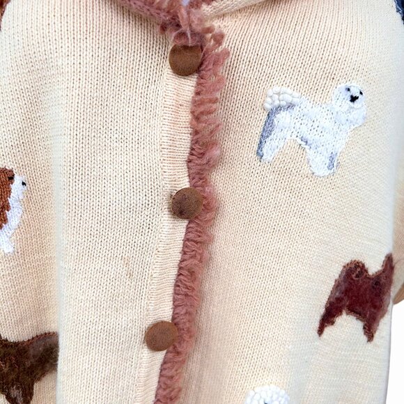STORYBOOK KNITS HSN EMBROIDERED DOG FRINGED IVORY & BROWN CARDIGAN SWEATER 2X - Picture 3 of 7